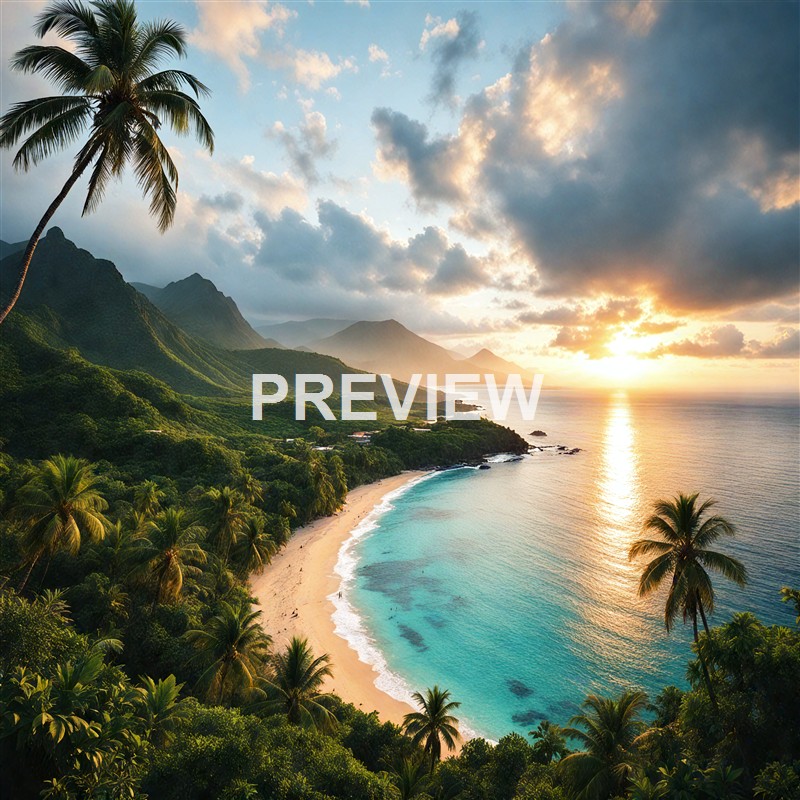 A tropical coastal landscape featuring a sandy beach lined with palm trees, lush green mountains in the background, and a vibrant sunset over the ocean with partly cloudy skies.